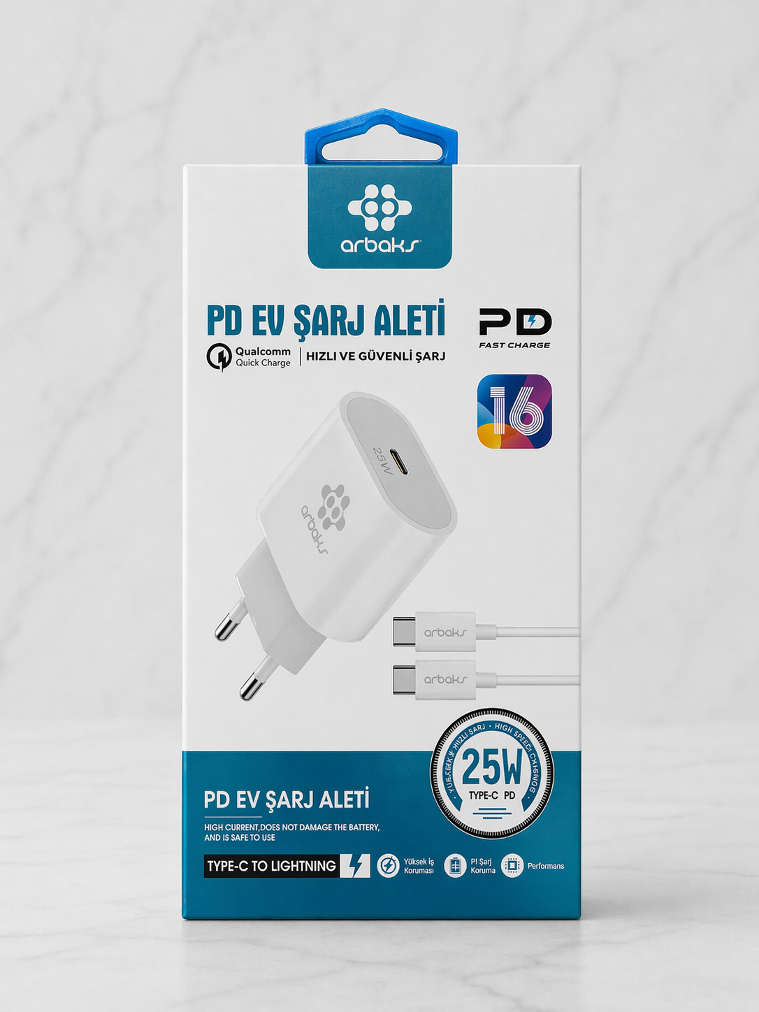 Arbaks 25W PD Hızlı Şarj Adaptörü Type-C to Lightning Kablo Seti | Fast Charge