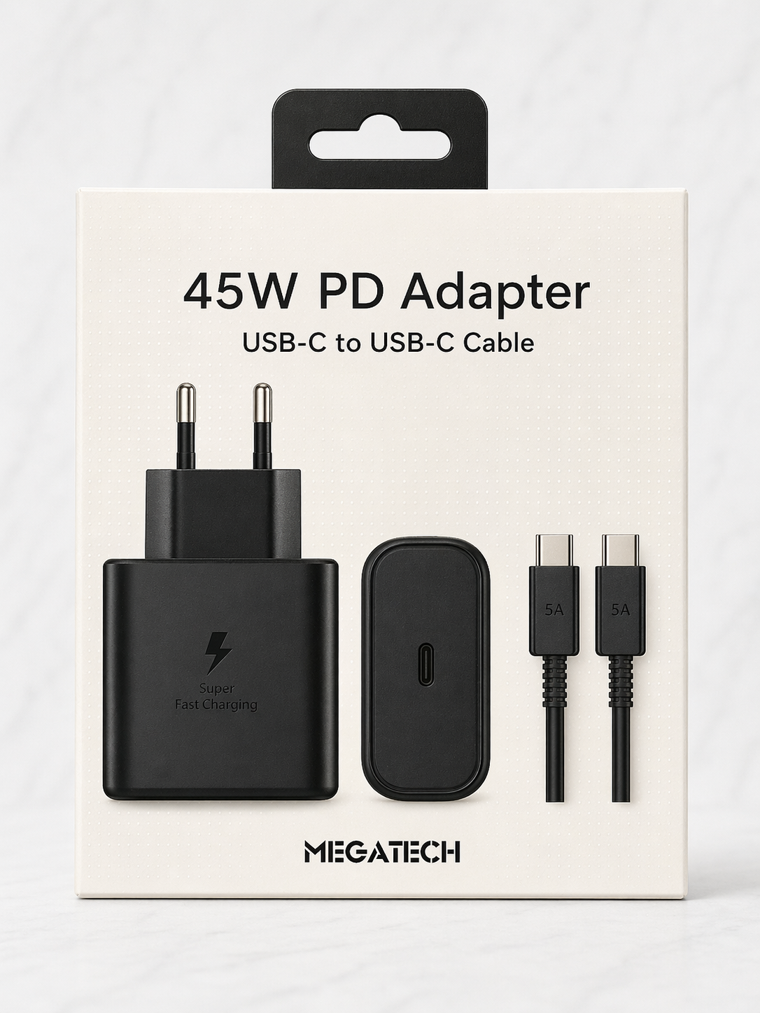 Megatech 45W PD Süper Hızlı Şarj Adaptörü ve Type-C to Type-C 5A Kablo Seti