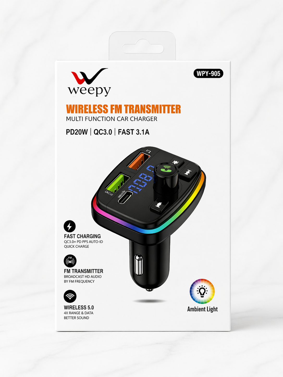 Weepy WPY-905 Wireless FM Transmitter | PD 20W + QC3.0 Hızlı Şarj | Bluetooth 5.0 Araç Kiti