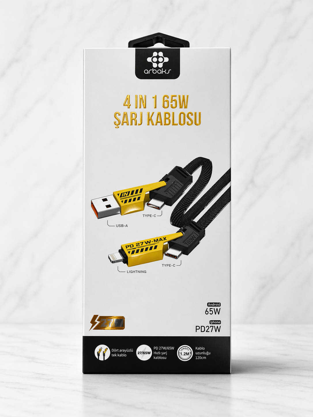 Arbaks 4in1 65W Hızlı Şarj Kablosu | Type-C + Lightning Çoklu Kablo | PD 27W Destekli