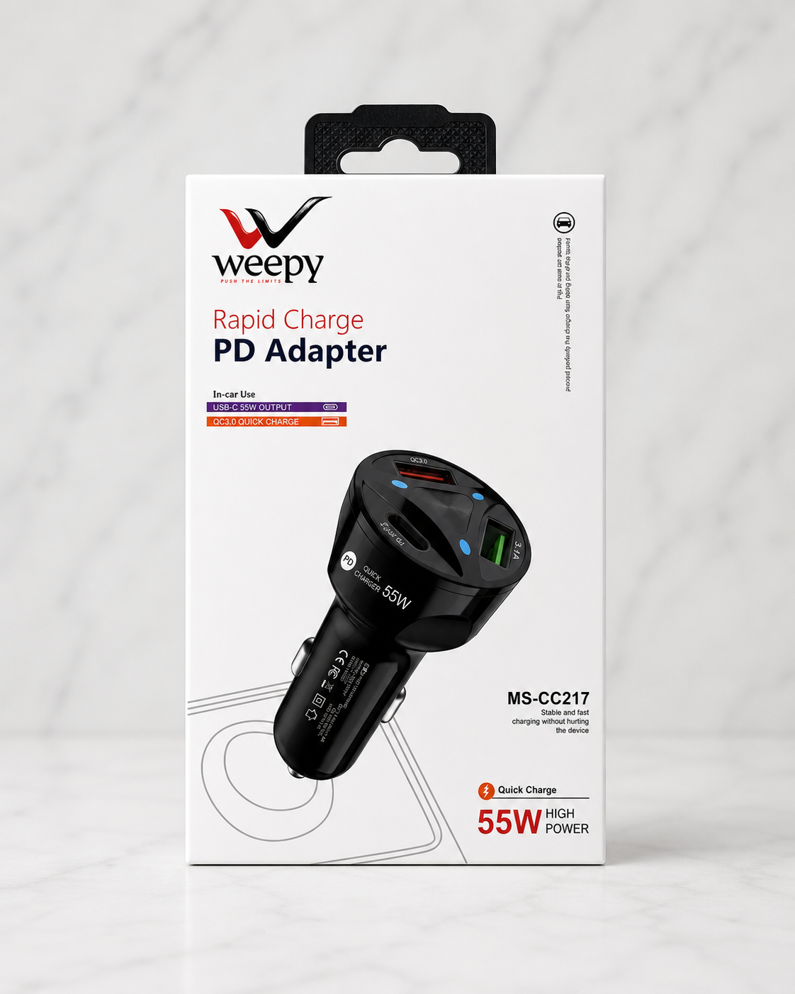 Weepy 55W PD Araç Şarj Aleti | 3 Portlu (Type-C + QC3.0) Hızlı Şarj | MS-CC217