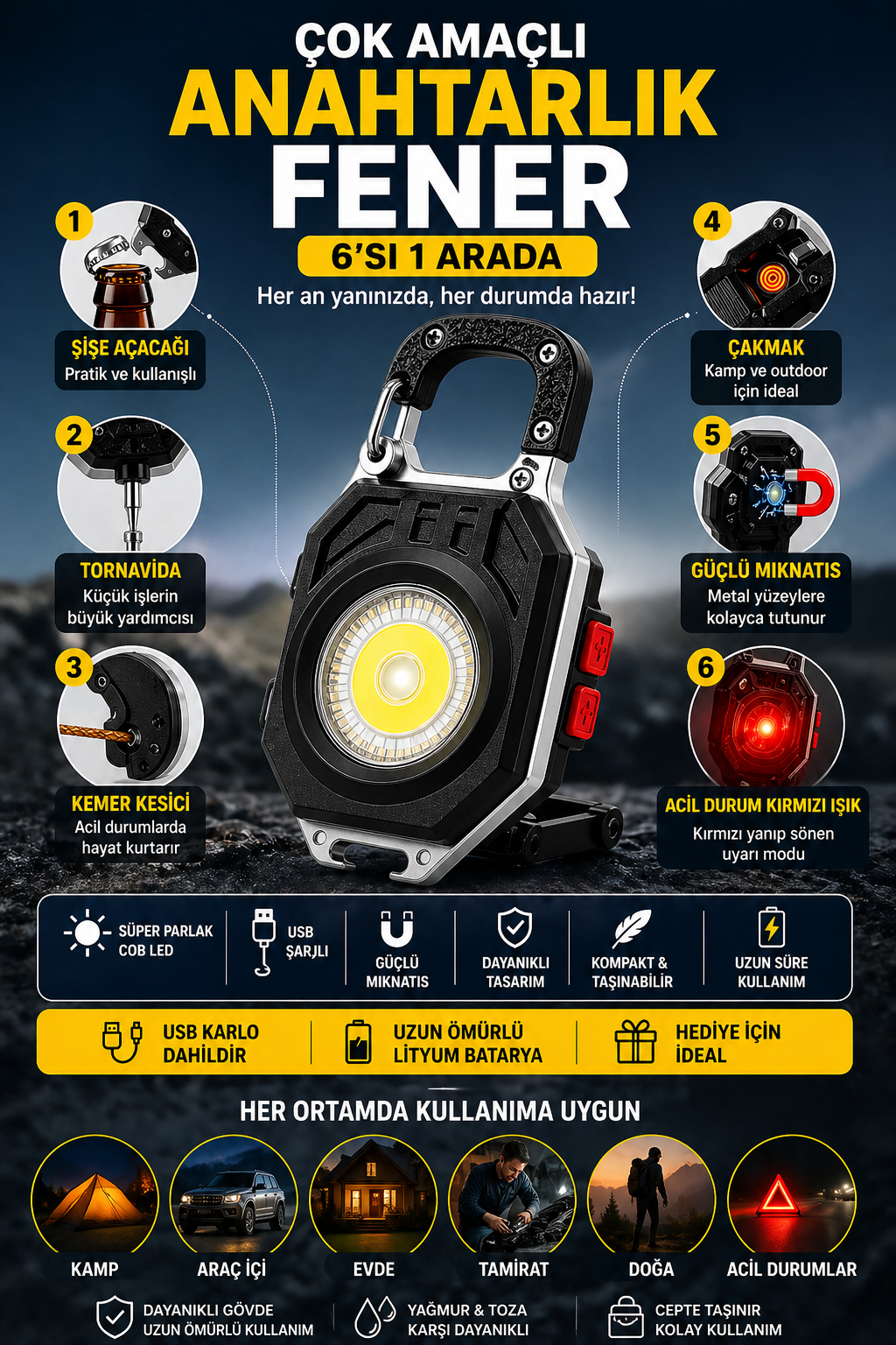 6’sı 1 Arada Çok Amaçlı Anahtarlık Fener | USB Şarjlı COB LED | Mıknatıslı Acil Durum Işığı