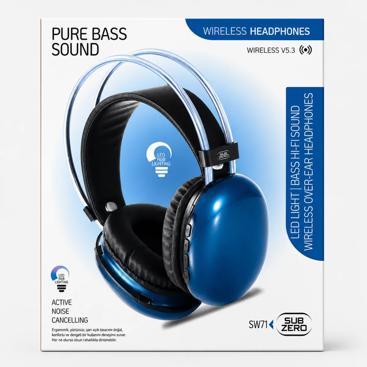 Subzero SW71 Bluetooth Kulaklık | ANC Gürültü Engelleme | RGB Işıklı | Wireless V5.3 Kulak Üstü