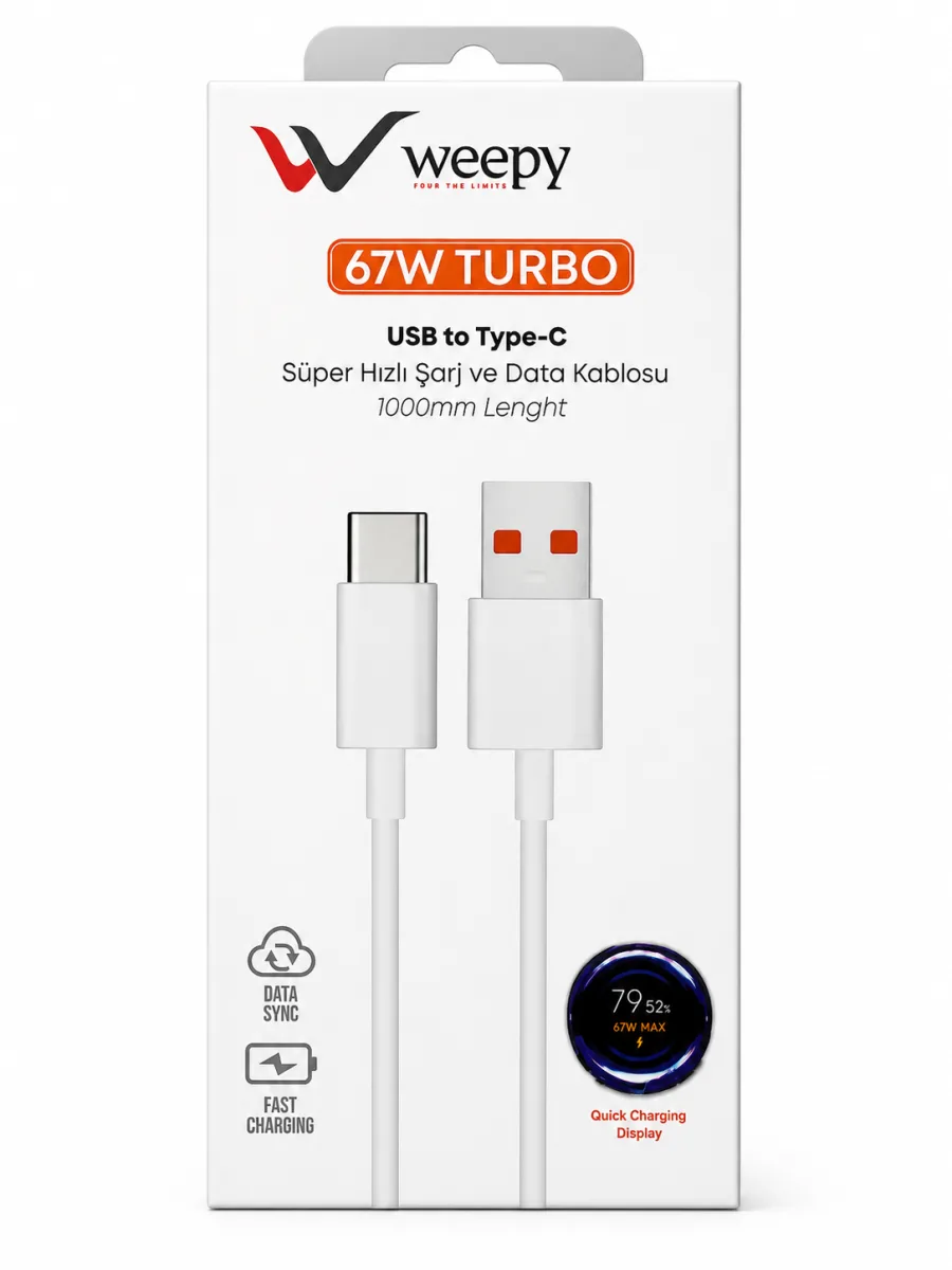 Weepy 67W Turbo USB to Type-C Şarj Kablosu | Hızlı Şarj | Data Sync | 1 Metre