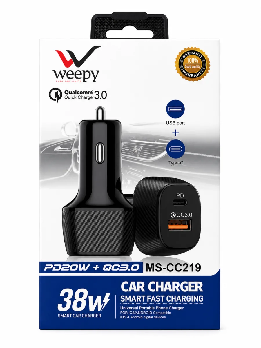 Weepy 38W Araç Şarj Cihazı PD20W + QC3.0 | Type-C + USB Çıkış | Hızlı Araç Şarjı MS-CC219