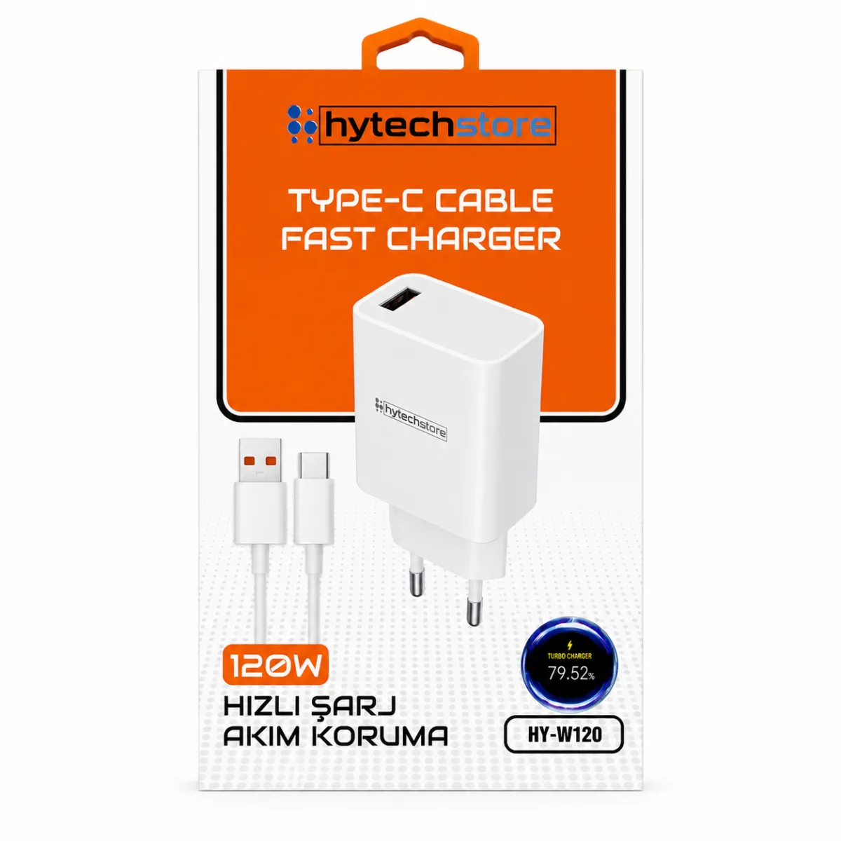 Hytechstore HY-W120 120W Hızlı Şarj Adaptörü + Type-C Kablo | USB Şarj Başlığı | Akım Korumalı