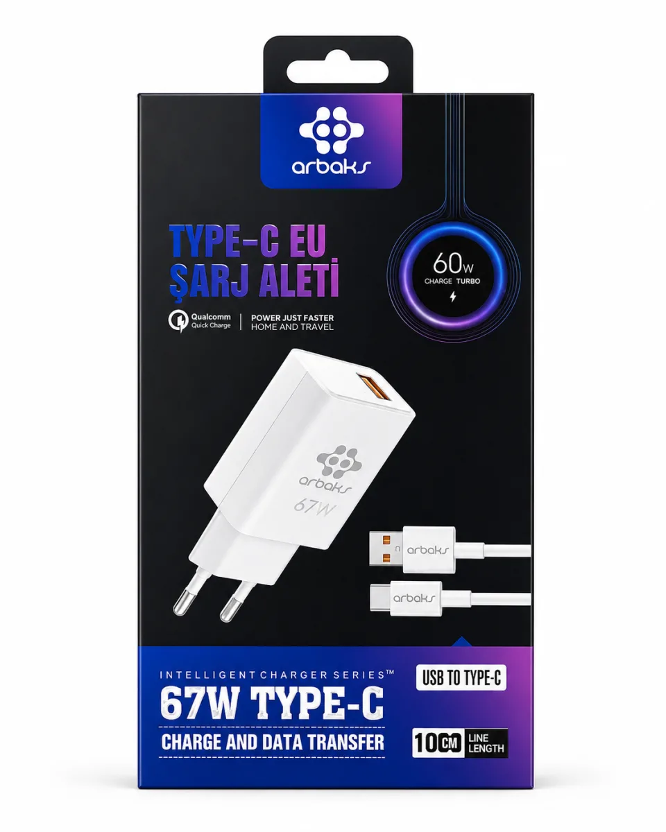 Arbaks 67W Type-C Şarj Aleti | USB to Type-C Hızlı Şarj Adaptörü | Data Transfer Destekli