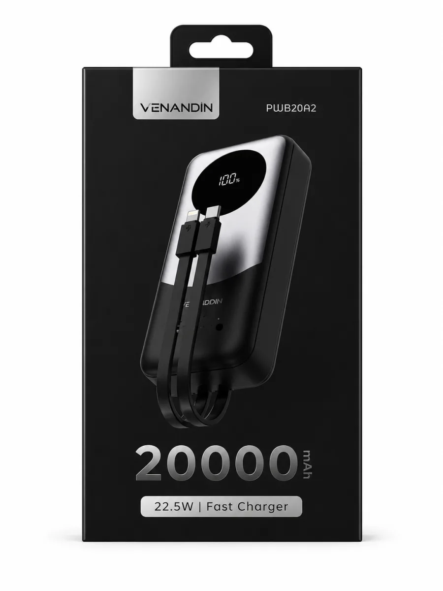 Venandin PUB20A2 20000mAh Powerbank | 22.5W Hızlı Şarj | Dijital Göstergeli Taşınabilir Şarj Cihazı